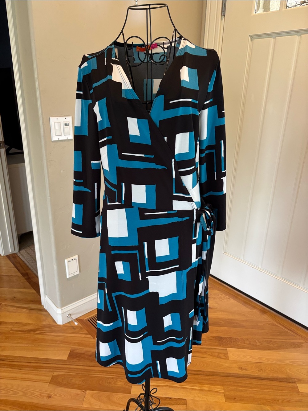 Geometric Wrap Long-Sleeve Dress in Black, Teal & White